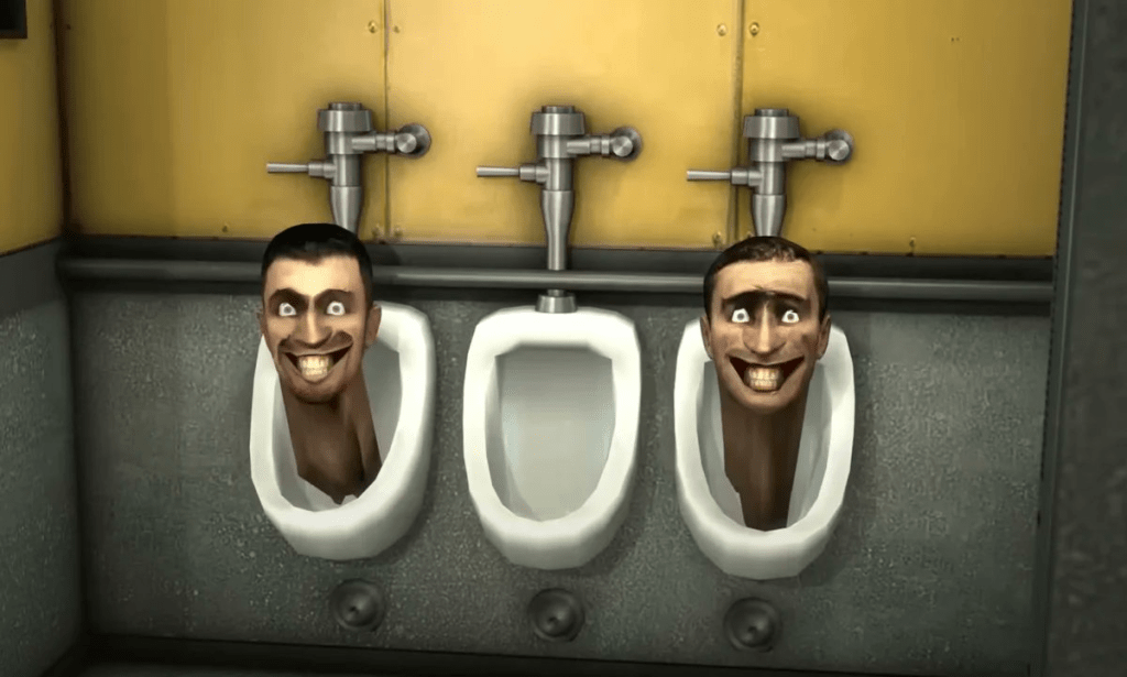 Heads emerging from a urinal in a *Skibidi Toilet* scene.  Image from ShiinaBR's Twitter post about the *Fortnite* collaboration.