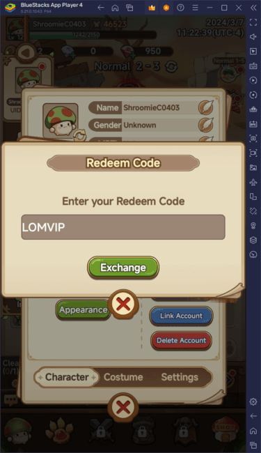 Legend of Mushroom Redeem Code Screen