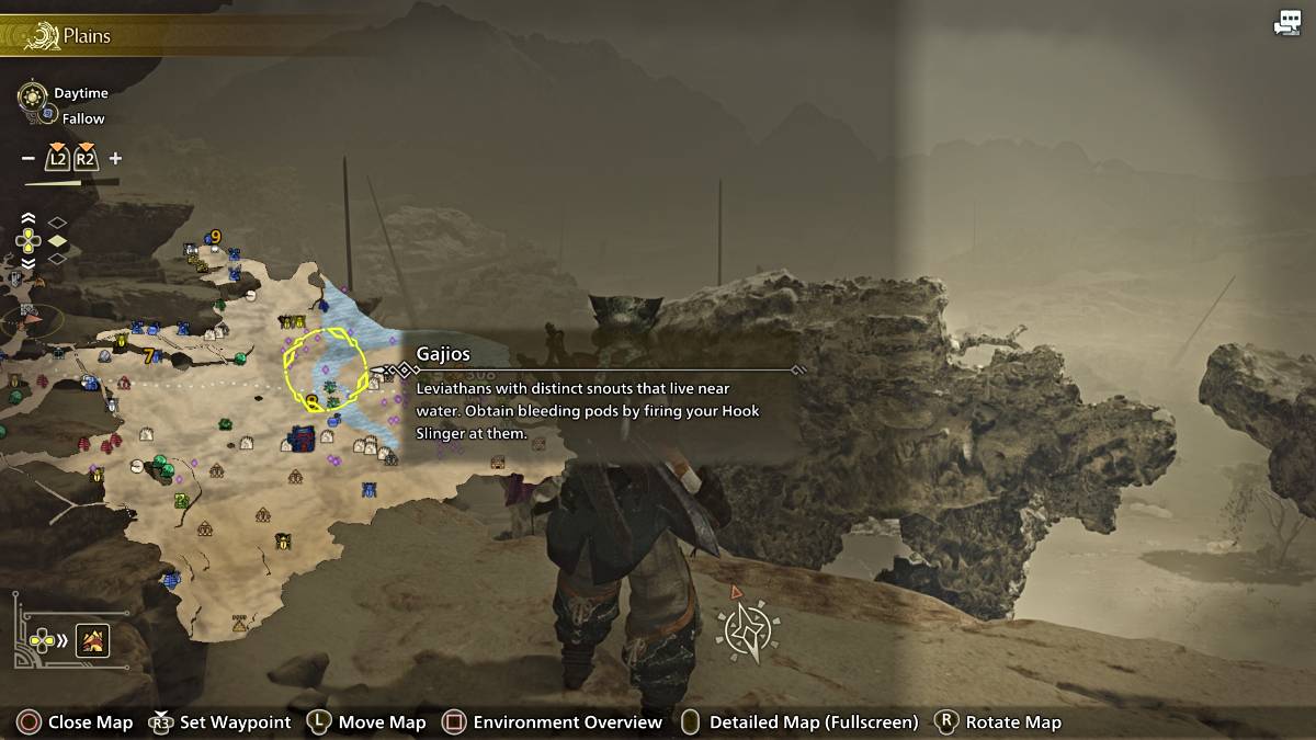 Monster Hunter Wilds'ta bir haritada işaretlenmiş gaijos