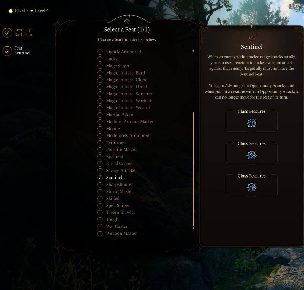 作为Baldur's Gate 3（BG3）中的Sentinel壮举的图像，作为有关班级最佳壮举的文章的一部分。