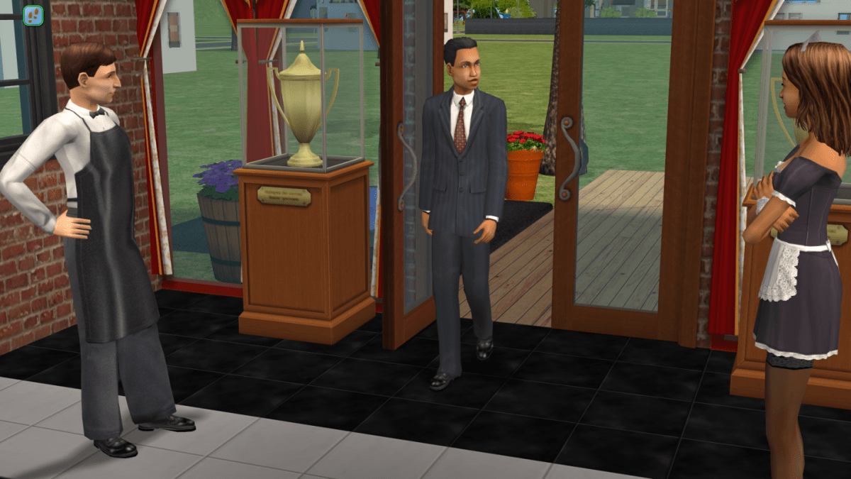 A Sim entering a restaurant in The Sims 2